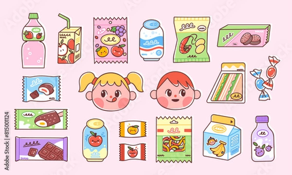 Obraz Set of snacks that children like. Vector illustration of cute kids and quick lunch options including chips, juice, banana milk, candy, soda, yogurt, chocolate and sandwiches. Trendy flat style.