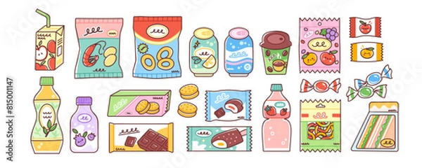 Obraz Snacks and junk food set. Vector illustration of chips, candy, sweet drinks, chocolate in cute packaging. Merchandise one can buy from a vending machine. Isolated elements on white background.