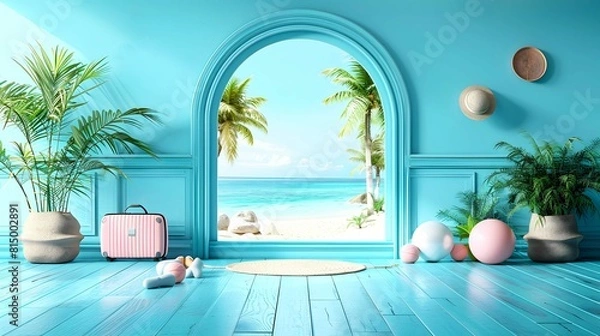 Fototapeta Airplane window and outside views are coconut trees and sea on red background for travel summer concept.