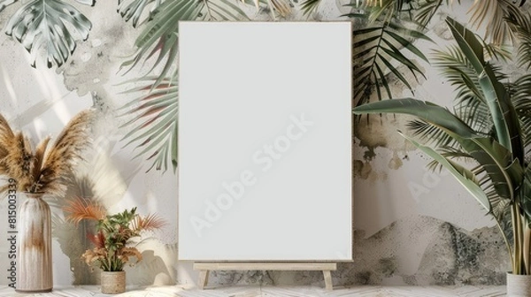 Fototapeta Mock up for Blank white Poster Frame in the interior with tropical flowers