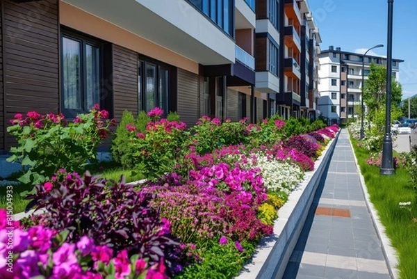 Fototapeta A sidewalk with abundant flowers running alongside a building
