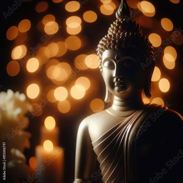 Fototapeta Buddha statue with low key light Isolated on black bokeh glowing background