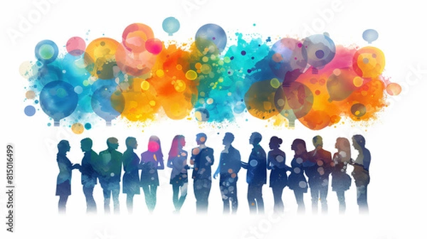 Fototapeta creative team is deeply engaged in conversation, with abstract bubbles floating above them, symbolizing the exchange and sharing of innovative ideas