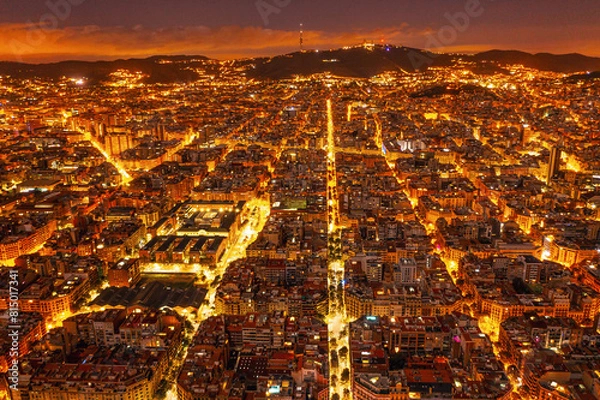 Fototapeta View of residential areas of Barcelona at night. City from a bird eye view
