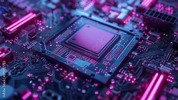 Fototapeta A macro image of a processor or a graphic card, technological device storing memory, hardware close-up, neon led lights. Generative AI technology hyper realistic 