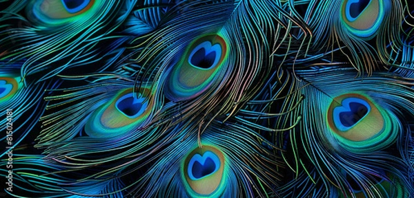 Fototapeta Pattern of fine lines evoking peacock feathers in vibrant blues and greens.