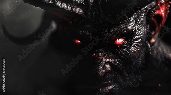 Fototapeta A demonic looking face with red eyes and horns