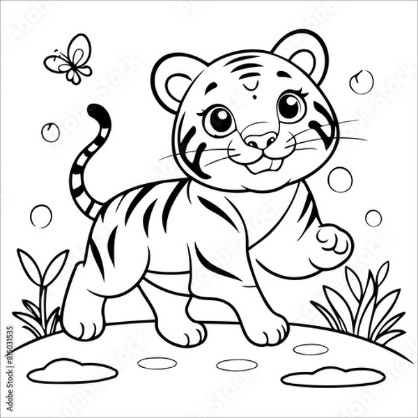 Fototapeta Vector illustration of cute Tiger coloring page for kids