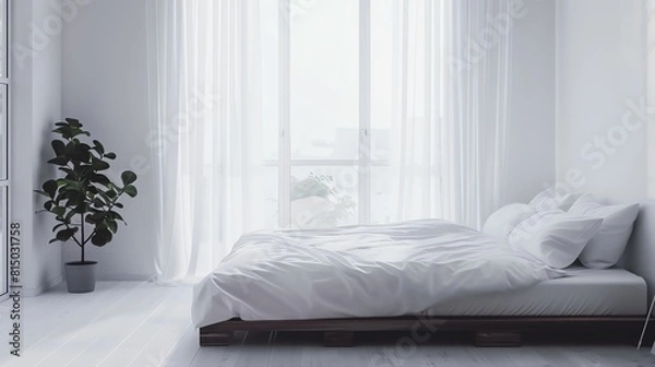 Fototapeta A minimalist Scandinavian bedroom featuring a platform bed, crisp white bedding, and a large window with sheer curtains