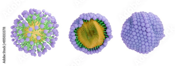 Fototapeta Soap molecules surrounding and capturing dirt froming micelles. The hydrophobic tail is attracted to grease and oily substances and the hydrophilic head is attracted to water. 3d illustration