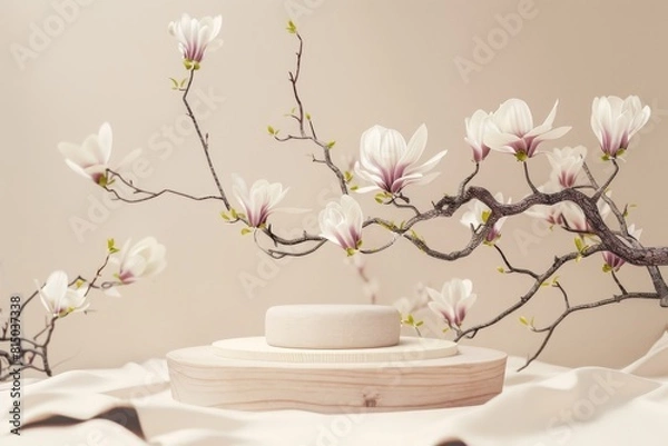 Fototapeta Marble podium for bathing product display on blurred bathroom background - generative ai. Beautiful simple AI generated image in 4K, unique.