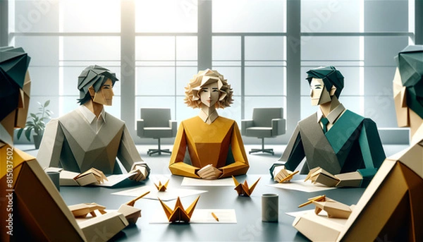 Fototapeta Professional Office Meeting in Origami Style - Three Origami Characters Engaged in Discussion with Papers, Large Windows, and Office Furniture