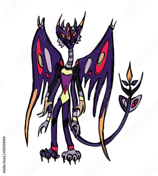 Obraz A monster with wings, horns and 4 arms on white background. Vector illustration