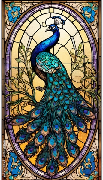 Fototapeta illustration in the style of a stained glass window with a beautiful green peacock bird, glass composition
