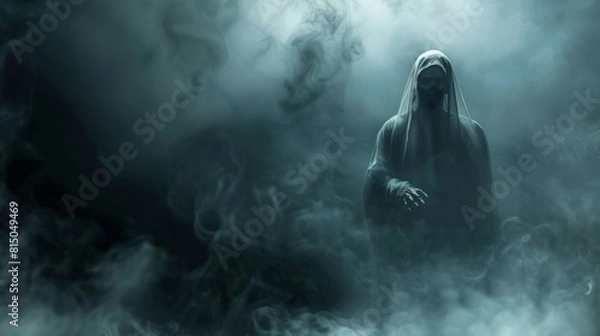 Fototapeta A ghostly figure sits in the mist, surrounded by smoke