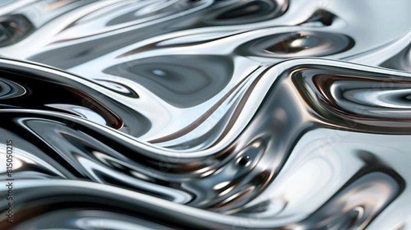 Fototapeta Black and white image of fluid, reflective silver waves , organic shape made from glossy glass material, with a soft white background that enhances the reflective and wavy textures of its surface