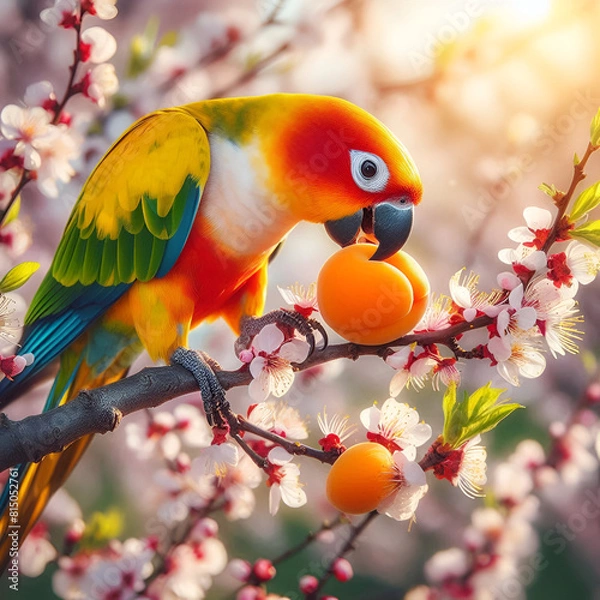 Fototapeta A colourful parrot eating apricots sitting on an apricot tree.

