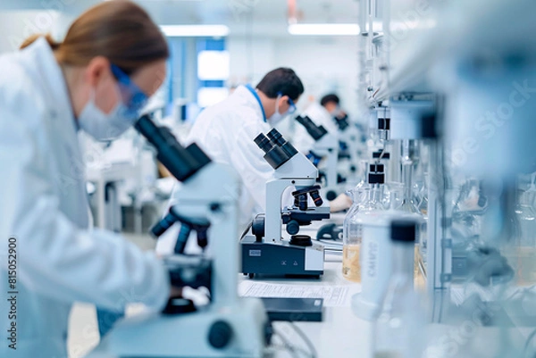 Fototapeta In professional lab setting individual wearing white lab coat focused on microscope. Around other laboratory workers are engaged. Scientific research in progress.
