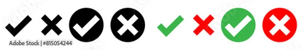 Fototapeta Green check mark, red cross mark icon set. Isolated tick symbols, checklist signs, approval badge. Vector illustration.