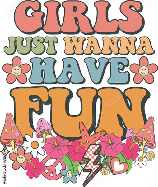 Obraz Girls just wanna have fun Retro Groovy T-shirt, Summer T-shirt Design, Summer Vibes, Beach Quotes, Beach Vibes, Summer Quote, 70s Retro, Ocean, Vacation Quotes, Cut Files For Cricut and Silhouette