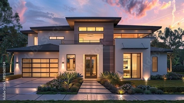 Fototapeta Modern luxury house at dusk with illuminated windows and lush landscaping.