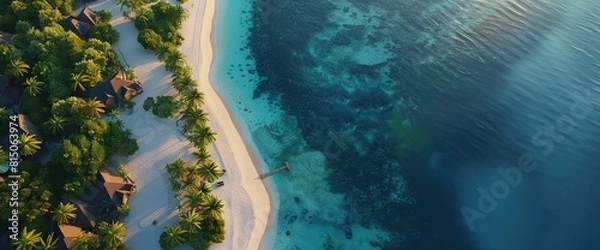 Fototapeta A Maldives Hotel Beach Resort On A Tropical Island With An Aerial Drone View. With Copy Space , Background