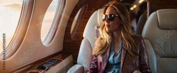 Obraz Businesswoman Traveling In A Private Jet. With Copy Space , Background