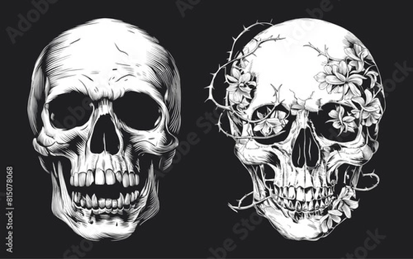 Fototapeta Scary skull with flowers vintage vector, Generative AI