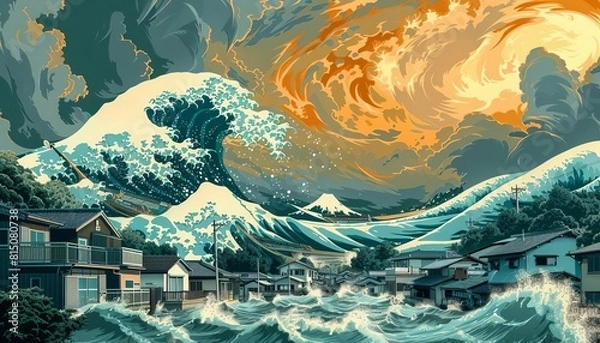 Fototapeta Tsunami evacuation routes in a coastal city, front view, disaster preparedness
