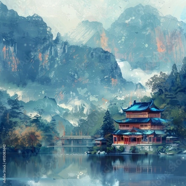 Fototapeta Temple at beautiful riverside mountain landscape traditional oriental painting style background. Generative AI technology. Job ID: 16e0adb0-aeed-4183-b82e-5ea78b301f90