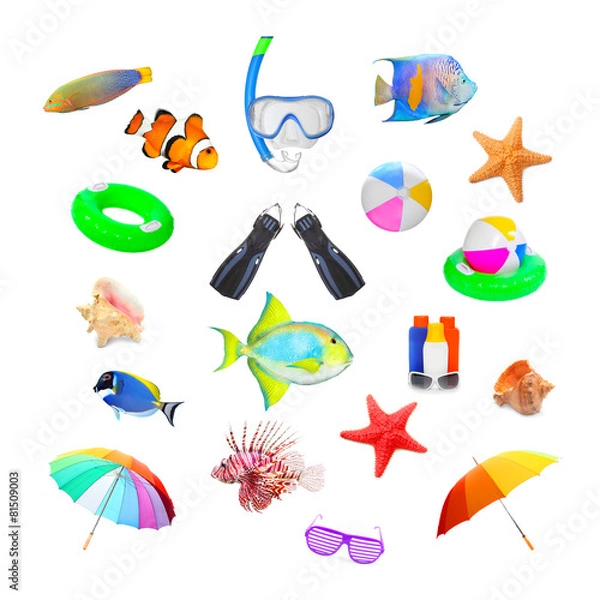 Fototapeta Collection of objects on tropical beach vacations theme.