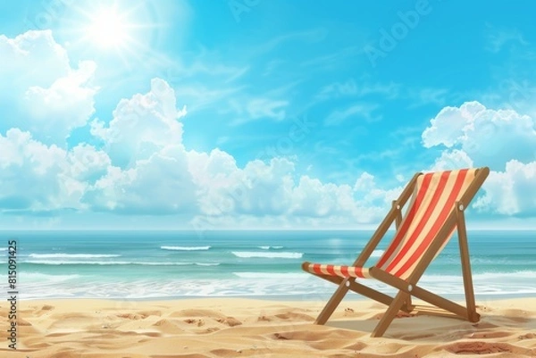 Fototapeta A tranquil beach scene with a chair on the sand, inviting relaxation and summer vibes.
