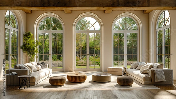 Obraz A large living room with arched windows and wood floors.