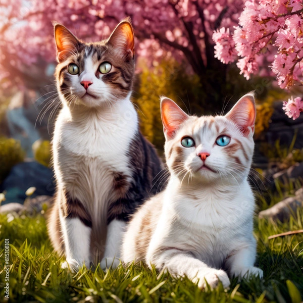 Fototapeta Two friends of a cat in nature on the background of a cherry blossom