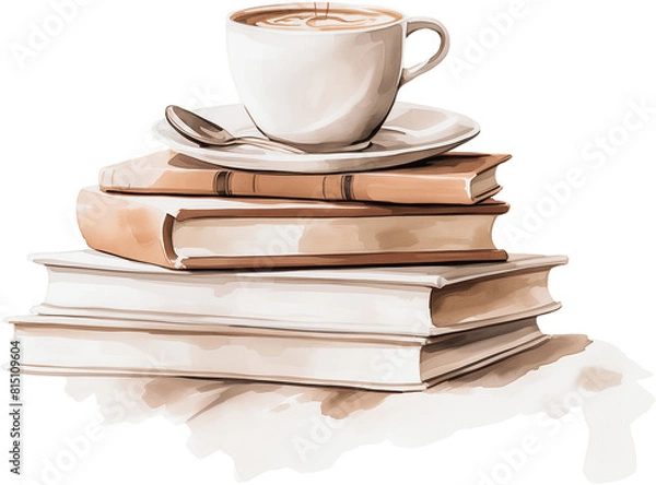 Obraz Stack of books and cup of coffee. Generative AI.