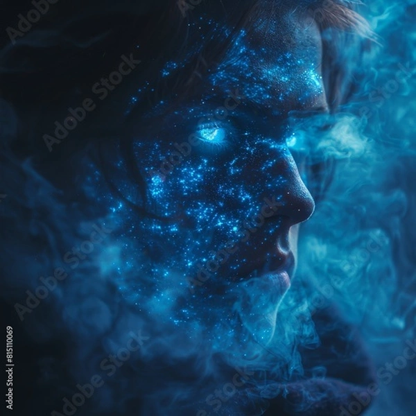 Fototapeta Surreal portrait of a person with their face shrouded in blue, glowing mist, highlighting mysterious and ethereal vibes.