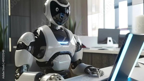 Obraz A humanoid robot sits at a desk in an office, typing on a laptop. The robot is dressed in a white shirt and black pants. It has a metal face with a black visor over its eyes.
