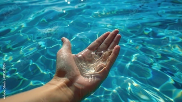 Fototapeta Assessing water quality in a pool by testing pH and chlorine levels with water samples and a hand held against the sky