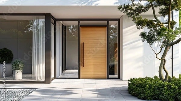 Fototapeta Elegant modern entrance with a simple wooden front door, surrounded by glass windows and minimalistic decor, 3D render