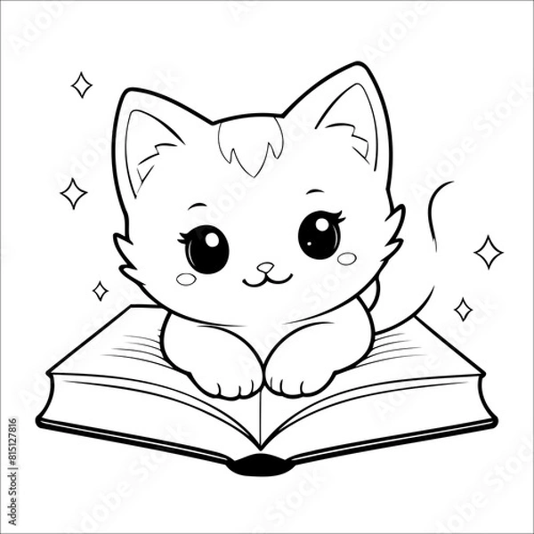 Fototapeta Kitten Drifting into Dreamland Vector Coloring page for Kids