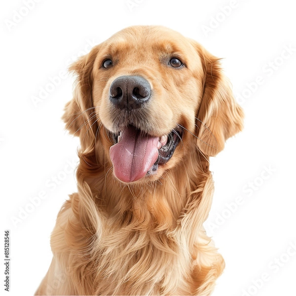 Obraz A golden retriever dog happily seated against a plain white backdrop, a joyful Golden Retriever dog on a transparent background