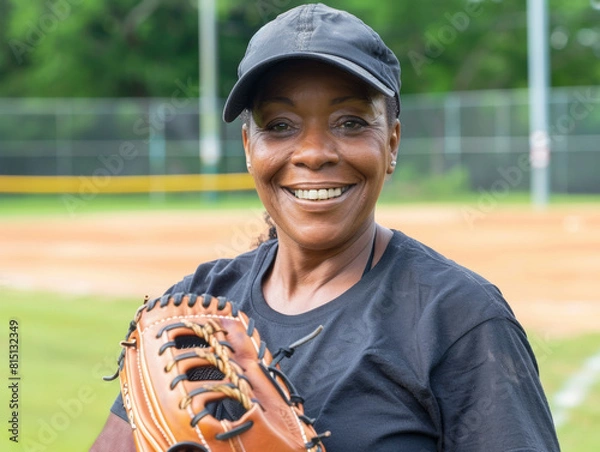 Fototapeta Headshot portrait of an attractive older black woman softball player. Looking at camera with a smile.