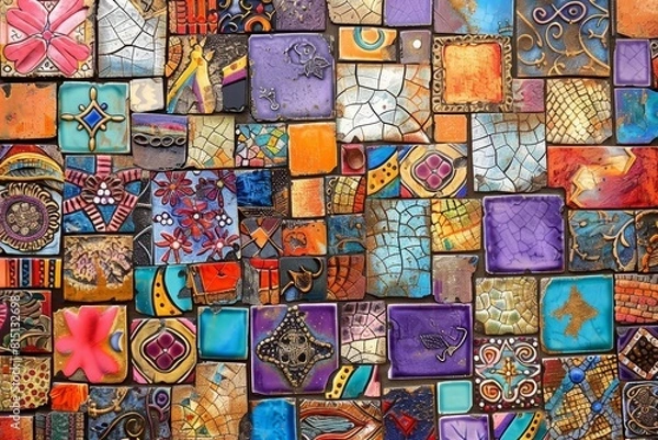 Fototapeta Vibrant mosaic tiles backdrop with intricate designs and textures