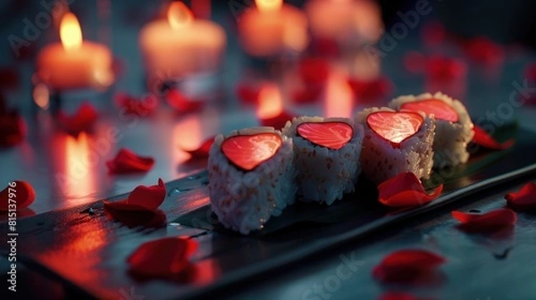 Obraz  Valentine's heart-shaped sushi, romantic setting, rose petals, soft lighting.