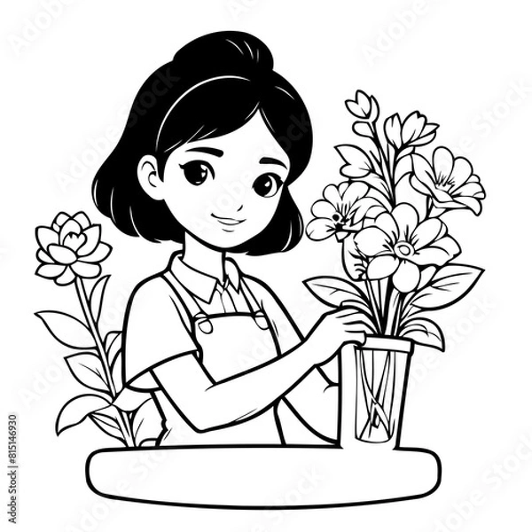 Fototapeta Vector illustration of a cute Florist drawing for toddlers coloring activity