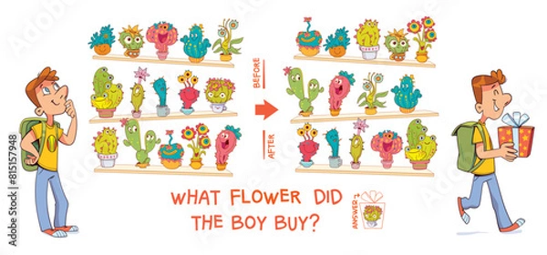 Obraz Find the differences puzzle game. What flower did the boy buy? Find hidden objects in the picture. Puzzle Hidden Items. Educational game for children. Cartoon characters. Attention task. Worksheet