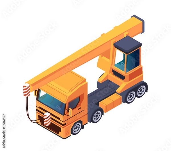 Fototapeta Isometric illustration of a yellow crane truck, concept of construction. Vector illustration isolated white background