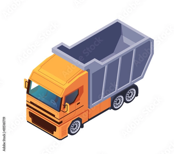 Fototapeta Isometric vector illustration of an orange dump truck isolated on a white background, depicting transportation concept