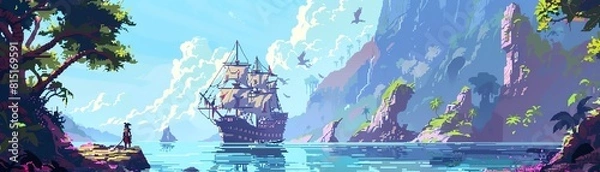 Fototapeta A pirate ship sails through a narrow strait between two large cliffs