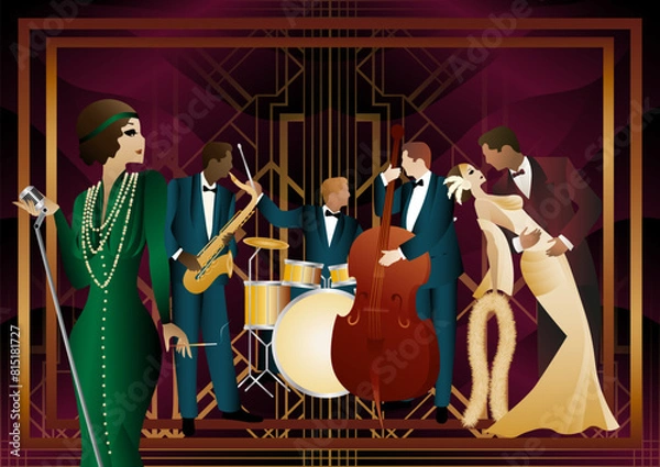 Obraz Jazz musicians, singer and dancers on a universal background. Double bass, saxophone, drum. Musicians play musical instruments
